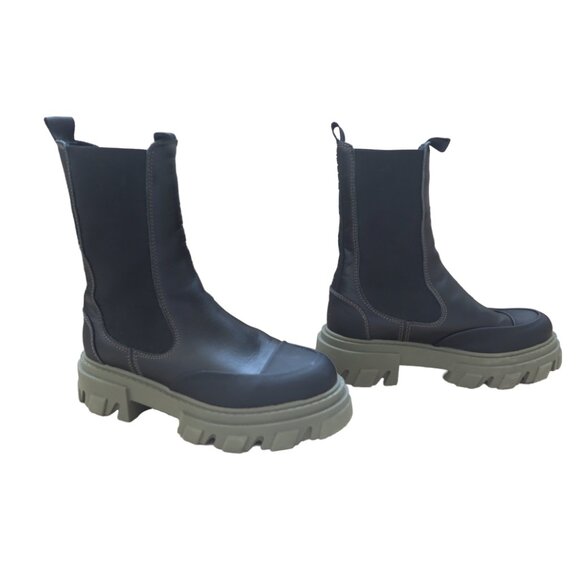 GANNI Black Leather CHELSEA Green Lugsole Platform Ankle Mid Calf Boots 38 - Picture 5 of 7